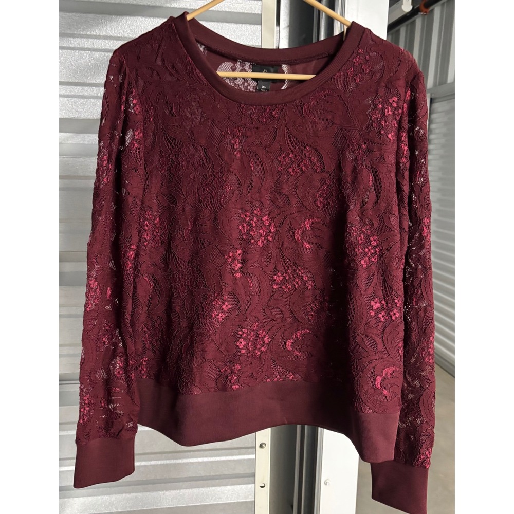 Worthington Burgundy Floral Lace Overlay Long Sleeve Top XL Burgundy Wine